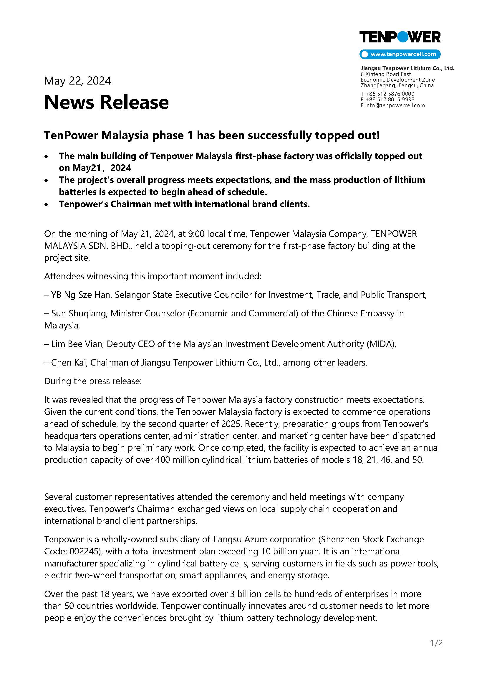 Tenpower Malaysia phase 1  has been successfully topped out! - Document Download